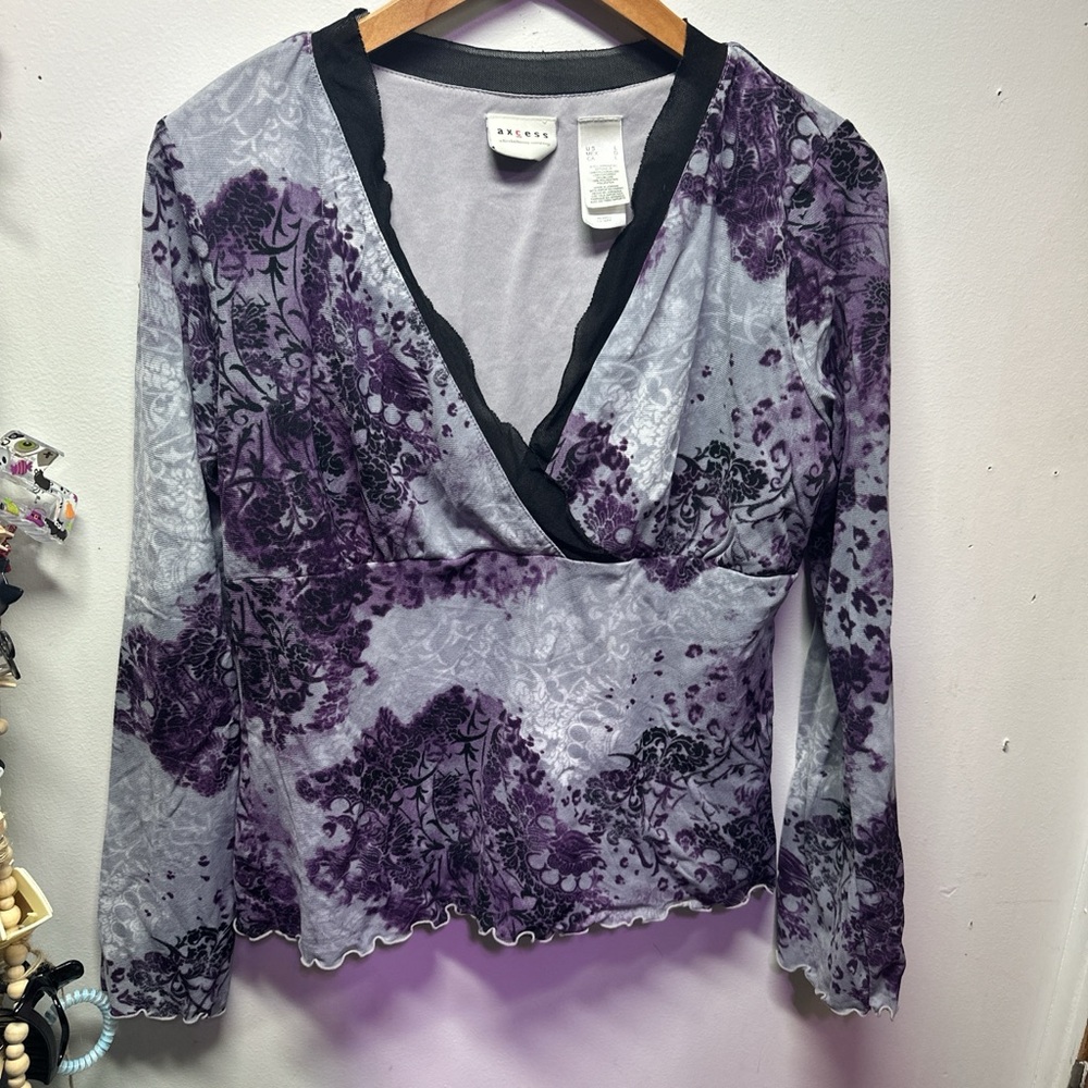 Axcess Lavender and Black Floral Wrap Blouse